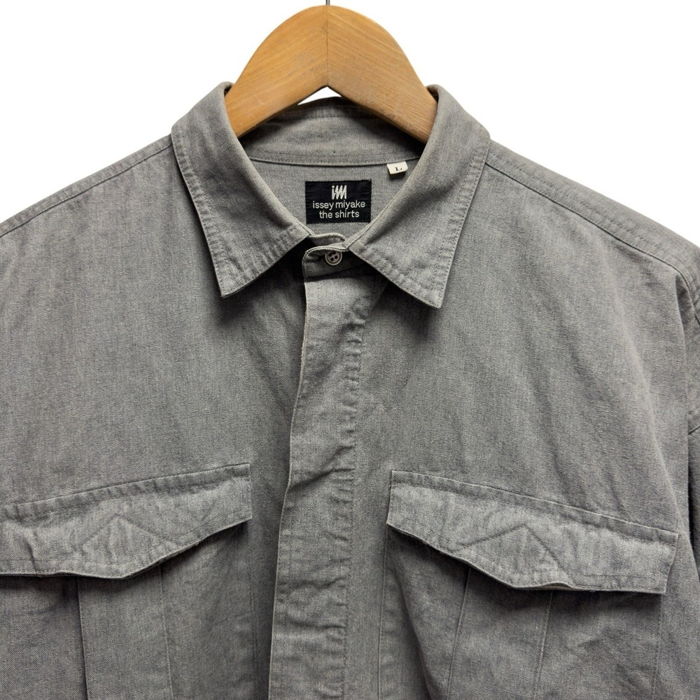 Issey Miyake Vtg 90s Mens Large Gray Hamilton Era Period Oversized Pockets Shirt
